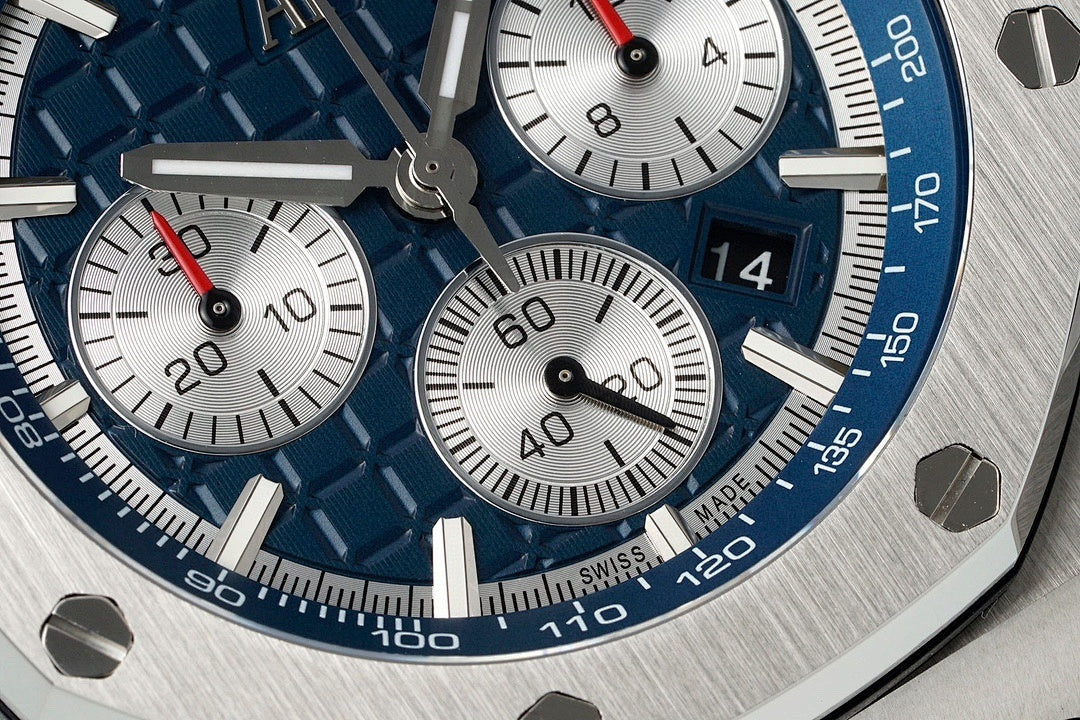 Audemars Piguet blue chronograph dial with three subdials and date window