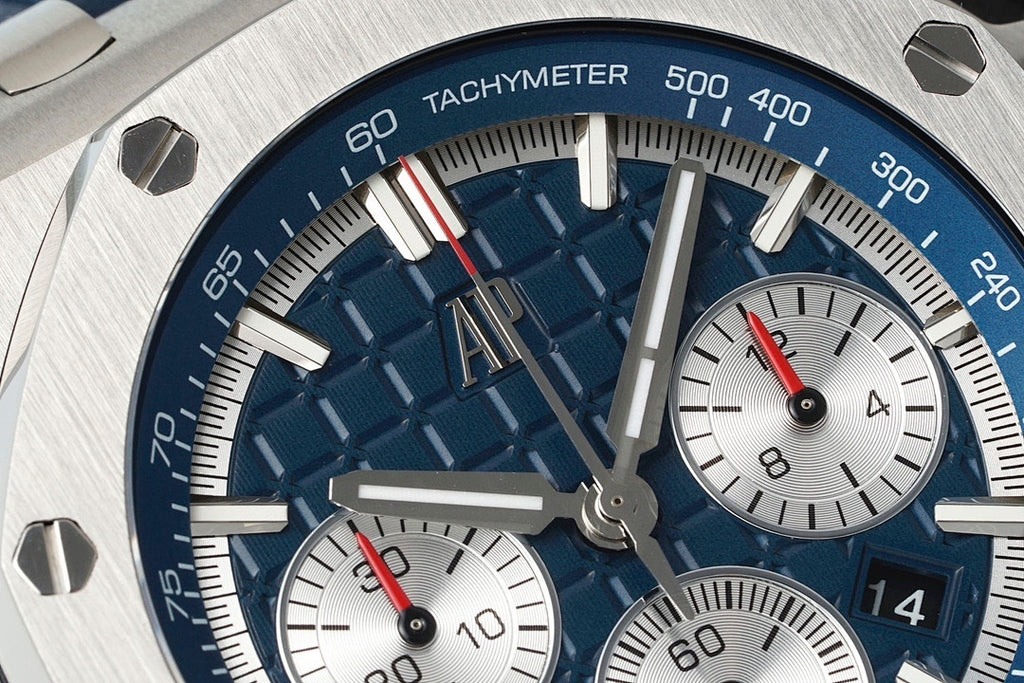 Audemars Piguet blue dial with tachymeter scale and chronograph subdial details