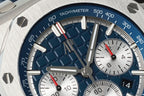 Audemars Piguet blue dial with tachymeter scale and chronograph subdial details