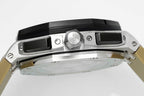 Sports watch case close-up with crown and black top bezel