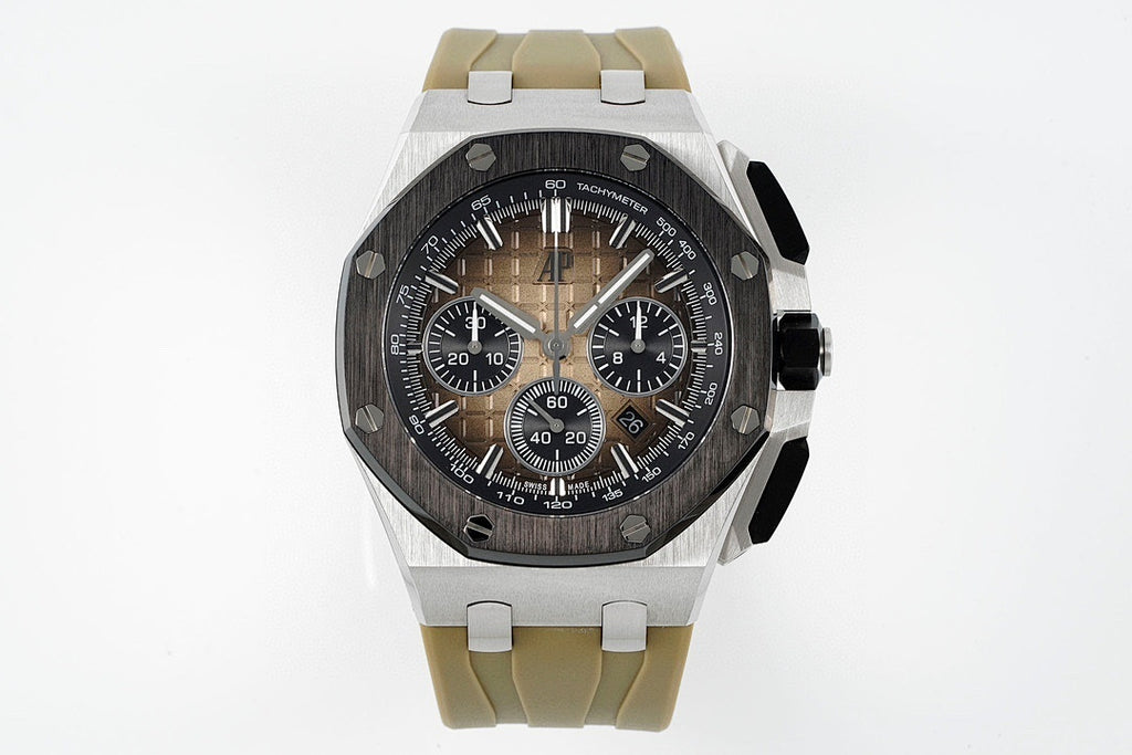 Audemars Piguet sports watch with black chronograph dial and tan rubber strap