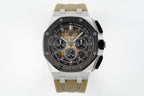 Audemars Piguet sports watch with black chronograph dial and tan rubber strap