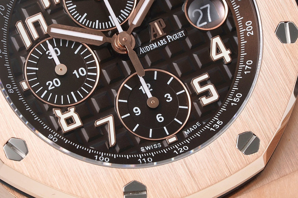 Black dial Royal Oak chronograph watch with rose-gold tone hands and date window