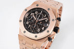 Rose-gold tone Royal Oak chronograph watch with black dial and metal link bracelet