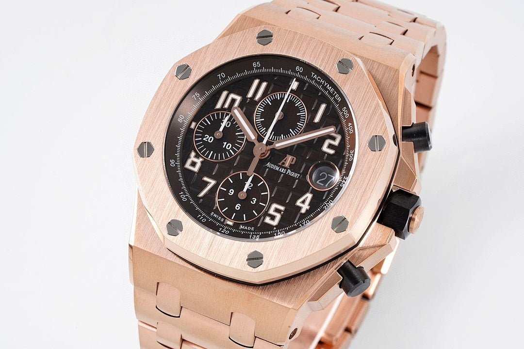 Rose-gold tone Royal Oak chronograph watch with black dial and metal link bracelet