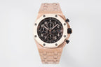 Rose-gold tone Royal Oak chronograph watch with black dial and metal link bracelet