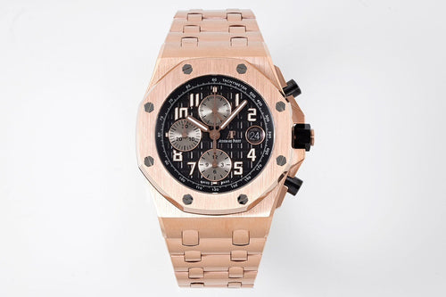 Audemars Piguet rose-gold watch with black chronograph dial and linked bracelet