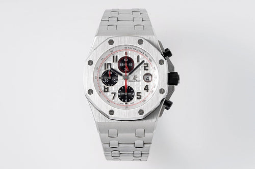 Audemars Piguet watch with silver steel bracelet and white chronograph dial