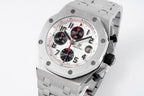 Audemars Piguet watch with silver steel case, tachymeter dial, and red chronograph hands