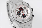 Audemars Piguet watch front view with silver steel bracelet and white chronograph dial