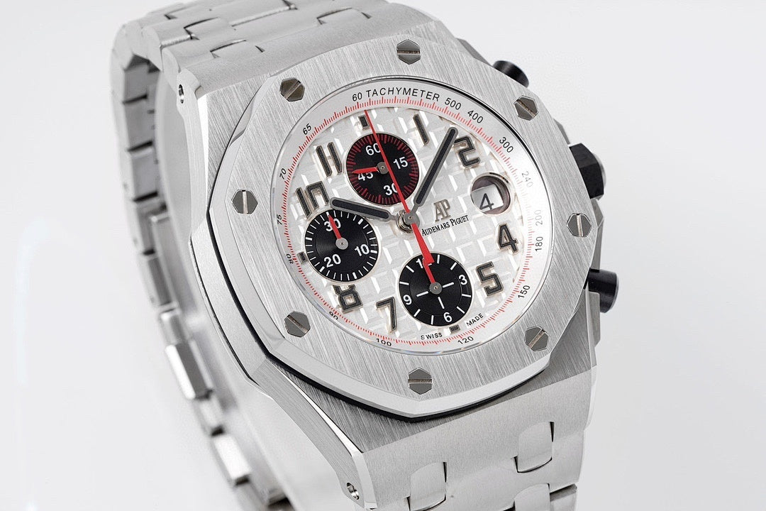 Audemars Piguet watch front view with silver steel bracelet and white chronograph dial