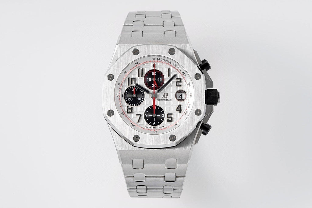 Audemars Piguet watch with silver steel bracelet and white chronograph face