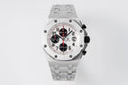 Audemars Piguet watch with silver steel bracelet and white chronograph face