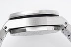 Silver-tone watch case and bezel with brushed metal finish, close-up