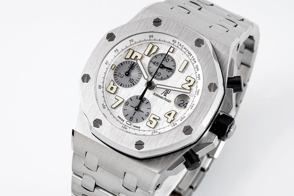 Silver-tone Royal Oak style wristwatch with chronograph dial and steel bracelet