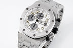 Silver-tone Royal Oak style wristwatch with chronograph dial and steel bracelet