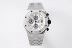 Silver-tone steel chronograph wristwatch with white dial and gold-toned numerals