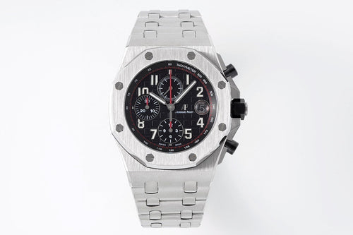 Stainless steel Audemars Piguet chronograph watch with black dial and three subdials