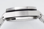 Stainless steel watch case side profile with brushed finish and screws