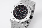 Stainless steel chronograph watch with black dial, red accents, and three subdials