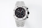 Stainless steel Audemars Piguet chronograph watch front view with black dial and subdials