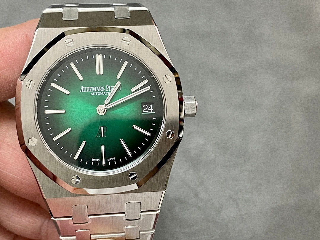 Audemars Piguet watch front view with green dial, baton markers, and 24 date