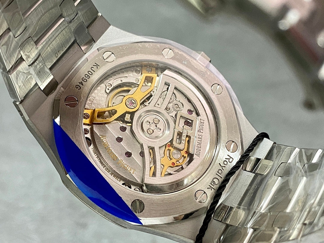 Audemars Piguet watch caseback view showing mechanical movement inside