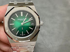 Audemars Piguet watch front view with green dial, metal bracelet, and 24 date