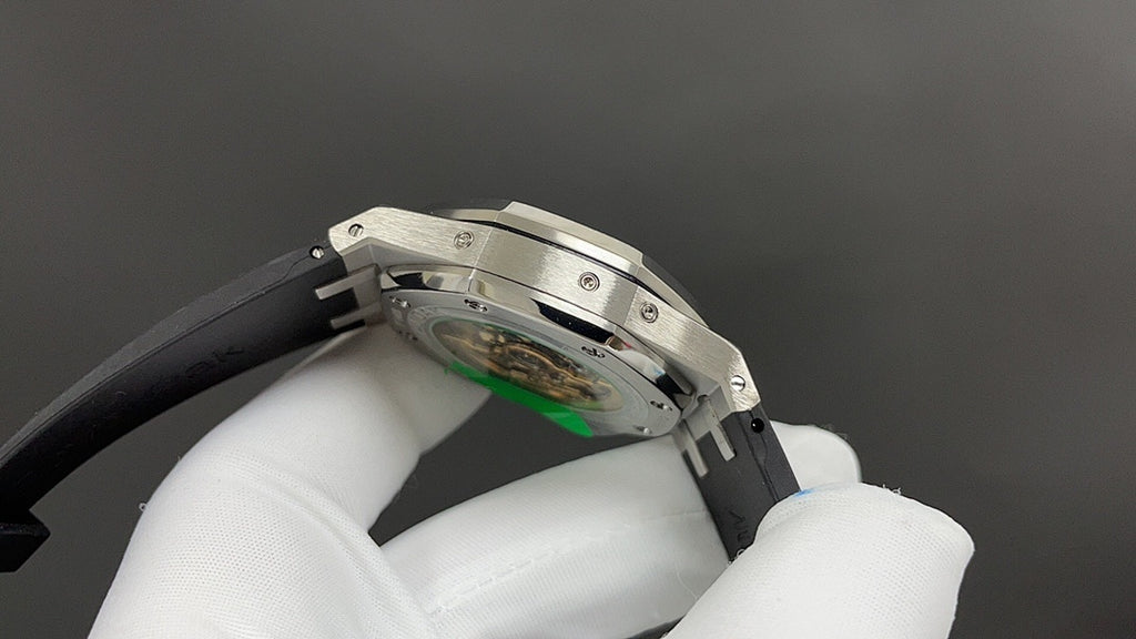 Audemars Piguet Royal Oak watch side profile, stainless steel case and crown detail