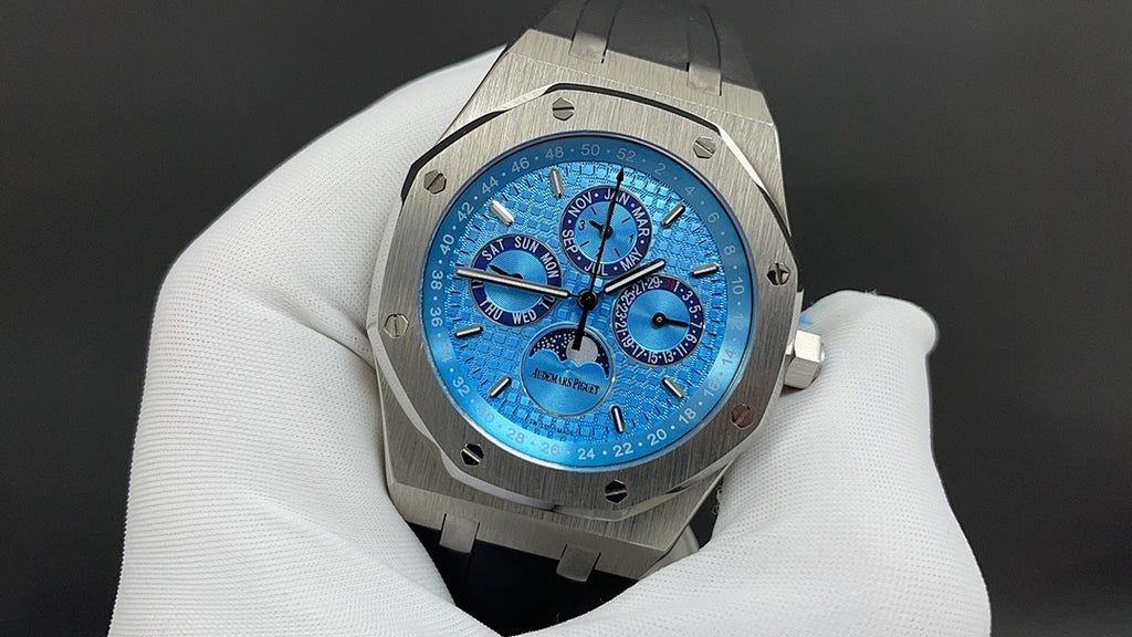 Audemars Piguet Royal Oak watch front view, vivid blue chronograph dial, steel bezel