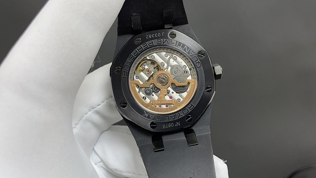 Audemars Piguet watch caseback view showing mechanical movement in black case