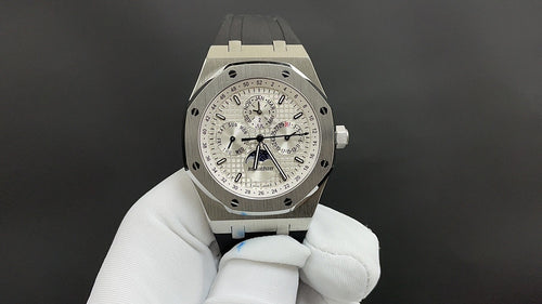 Audemars Piguet stainless watch with white chronograph dial and steel bracelet