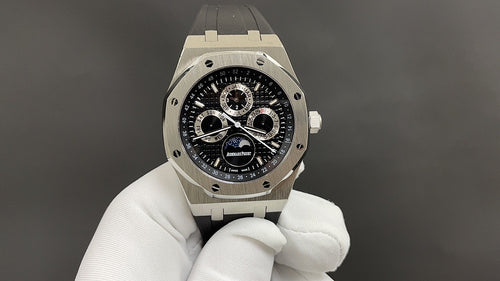 Audemars Piguet Royal Oak watch with black dial and silver steel case