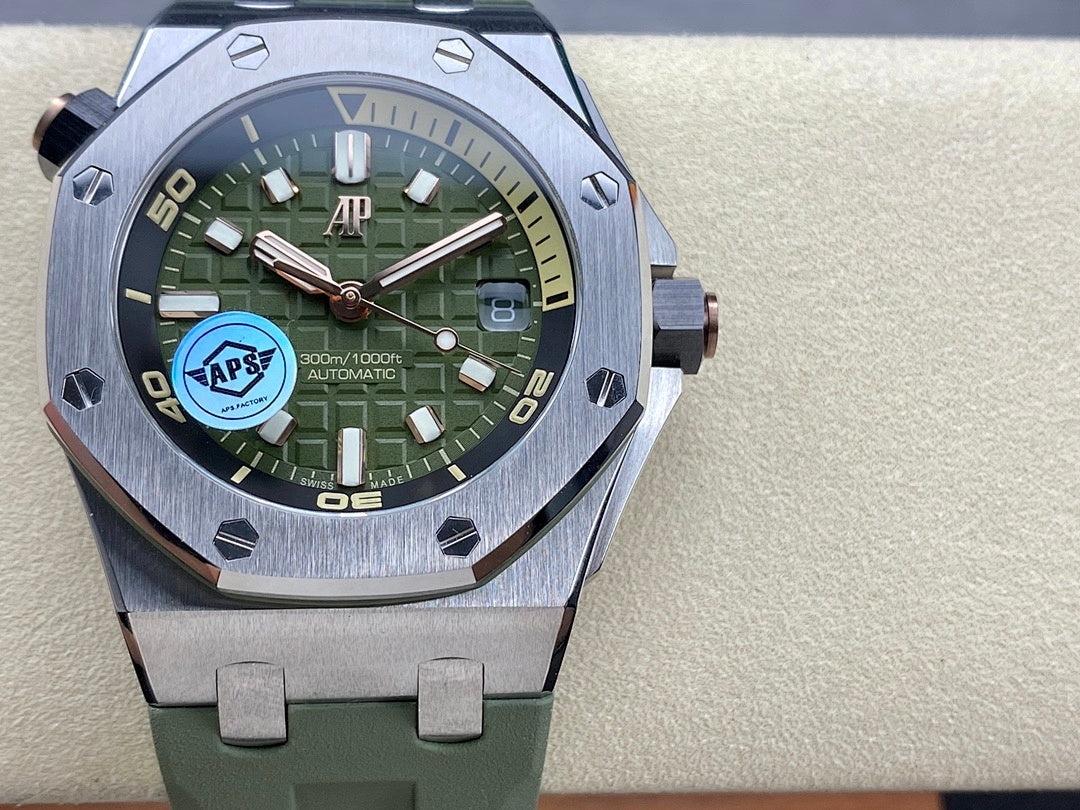 Audemars Piguet watch with green dial, date window, and green rubber strap, front view