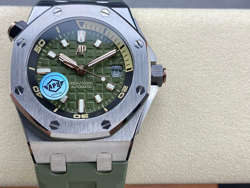 Audemars Piguet watch with green dial, date window, and green rubber strap, front view