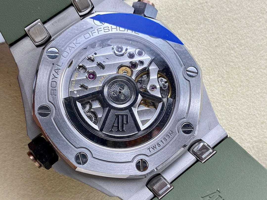 Audemars Piguet watch caseback with exposed mechanical movement, open back view
