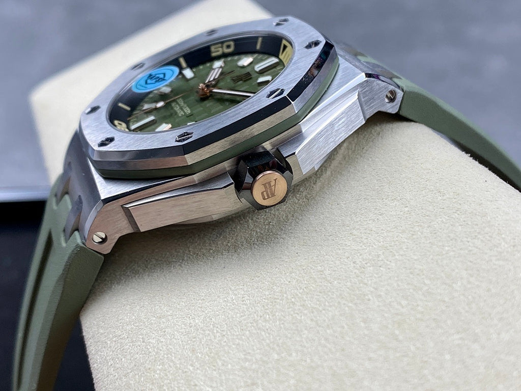 Audemars Piguet watch with green strap and steel case side, angled close-up