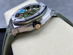 Audemars Piguet watch with green strap and steel case side, angled close-up
