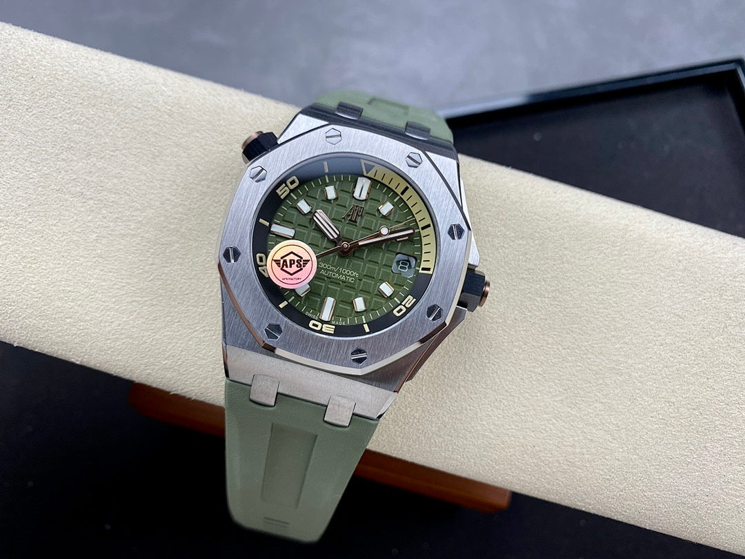 Audemars Piguet watch with green dial and green rubber strap, full front view