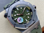 Audemars Piguet watch with green dial, rose-gold hands, and green rubber strap, close-up