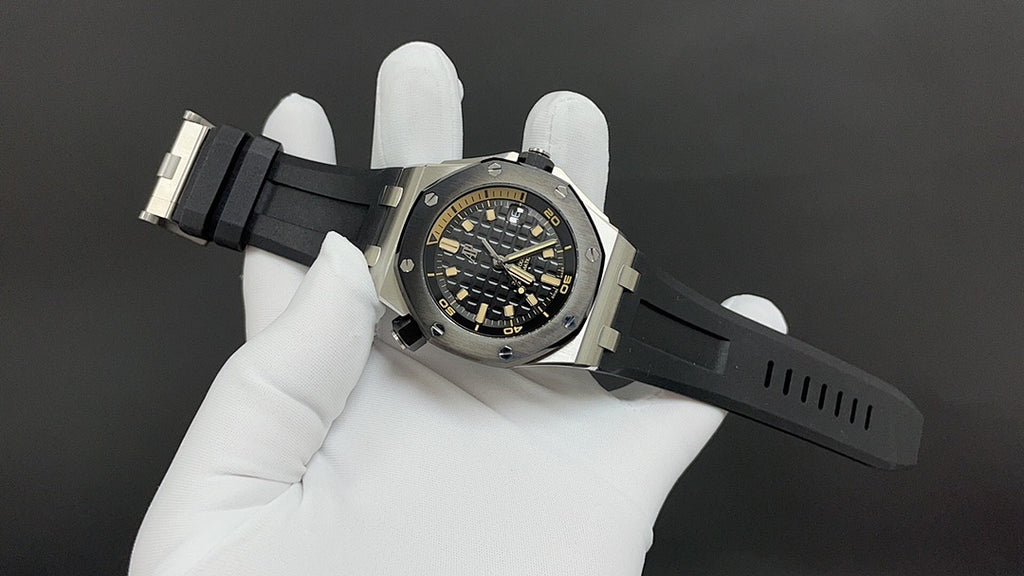 Audemars Piguet men's watch, black dial with gold markers, black rubber strap