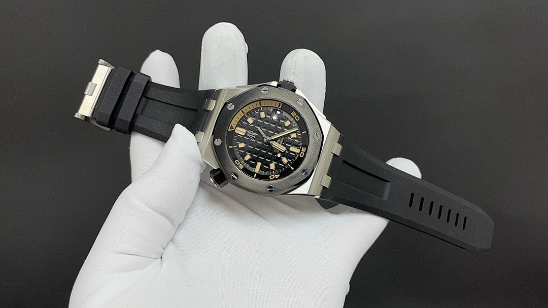 Audemars Piguet men's watch, black dial with gold markers, black rubber strap