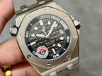 Audemars Piguet Royal Oak watch close-up with dark dial, date 18, and AP emblem