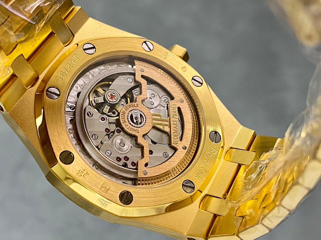 Gold-tone luxury wristwatch with visible mechanical movement, close-up caseback