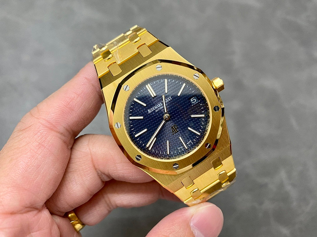 Gold-tone luxury wristwatch with blue dial and baton hour markers