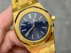 Gold-tone luxury wristwatch with blue textured dial and gold hands