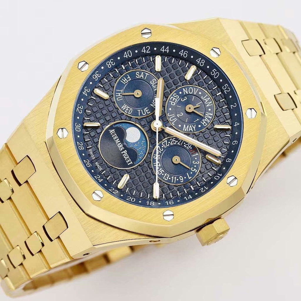 Gold-toned wristwatch with dark blue dial, moonphase subdial, and gold hands