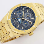 Gold-toned wristwatch with dark blue dial, moonphase subdial, and gold hands