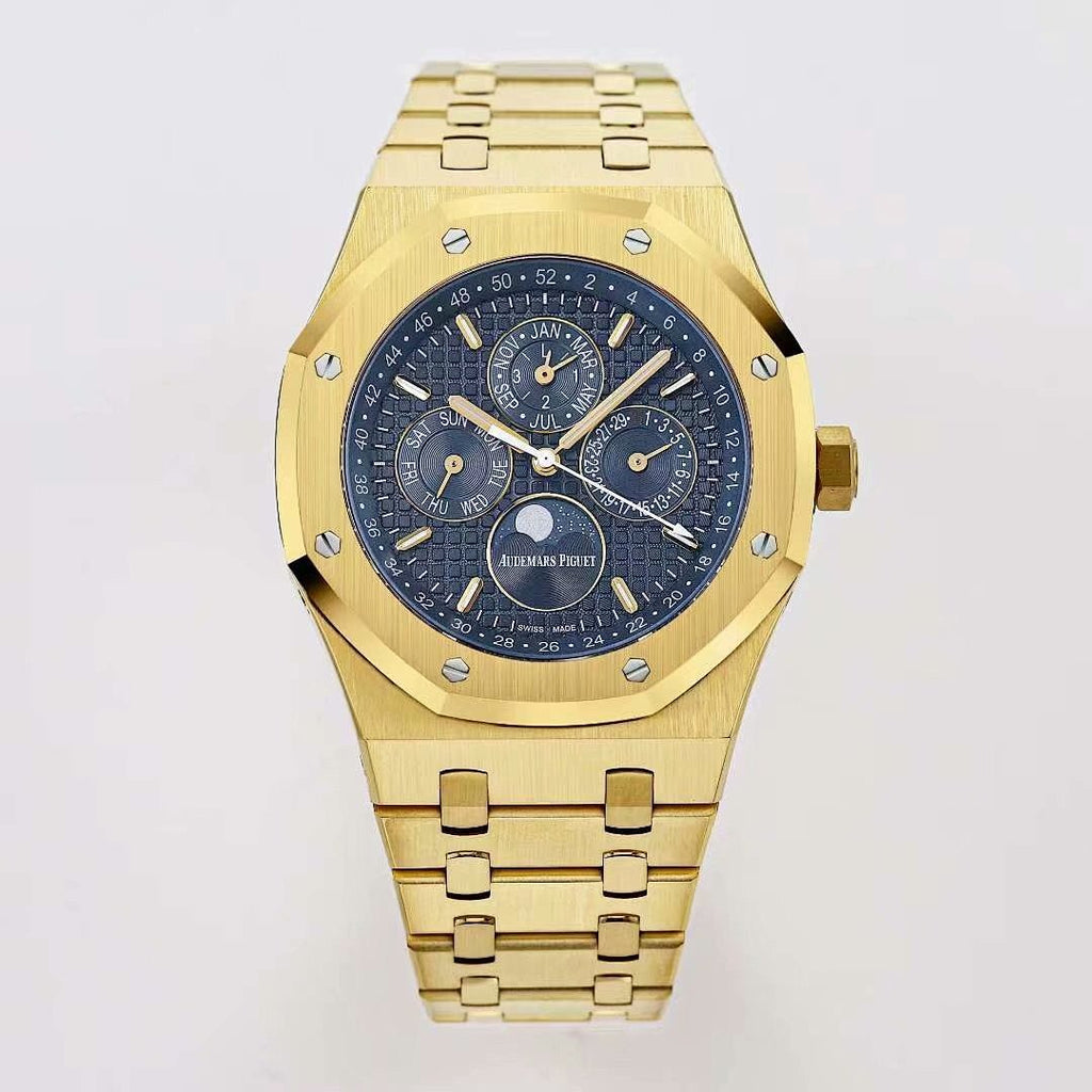 Gold-tone wristwatch with dark blue dial, gold baton markers, and date subdial