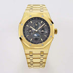Audemars Piguet wristwatch with gold-tone case, black dial, and metal bracelet